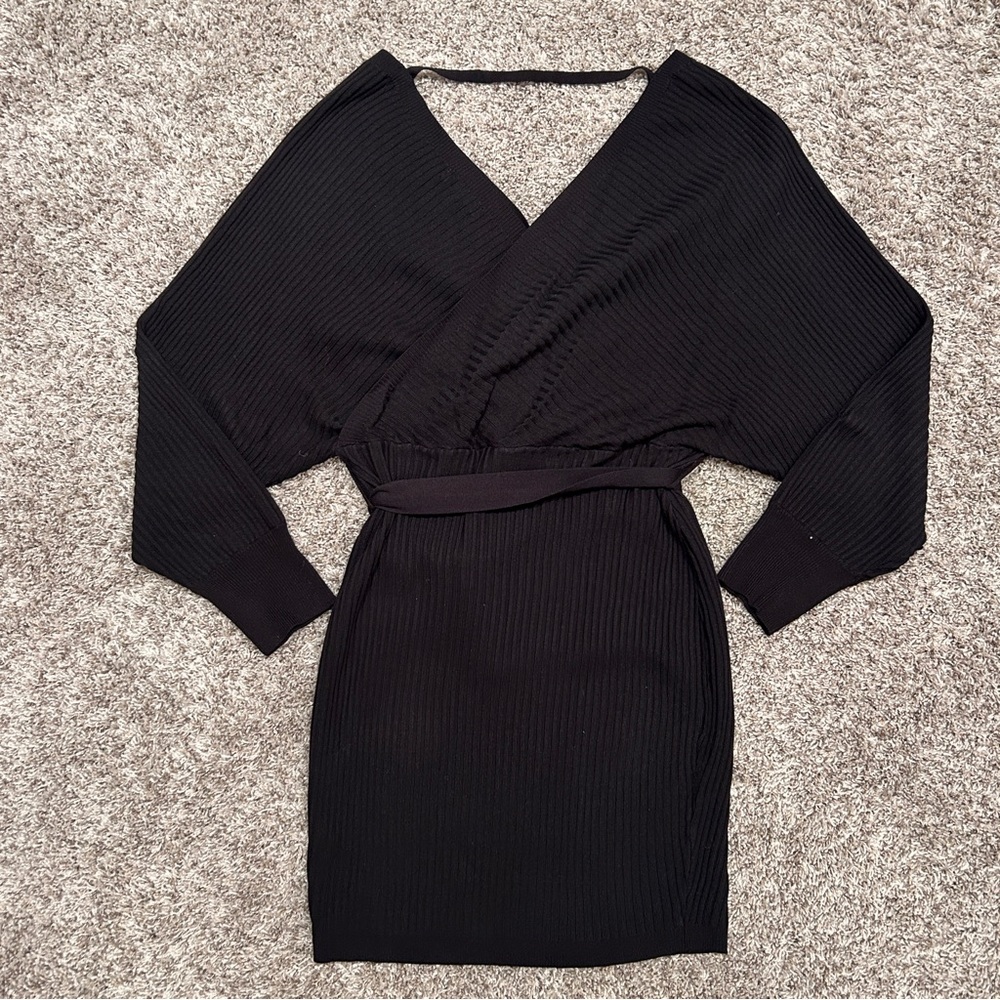 Love Tree Surplice Ribbed Knit Little Black Dress